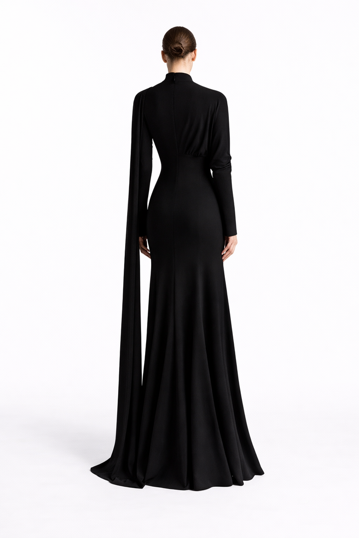 long-sleeve draped waist maxi dress with scarf neckline – RUBYYN