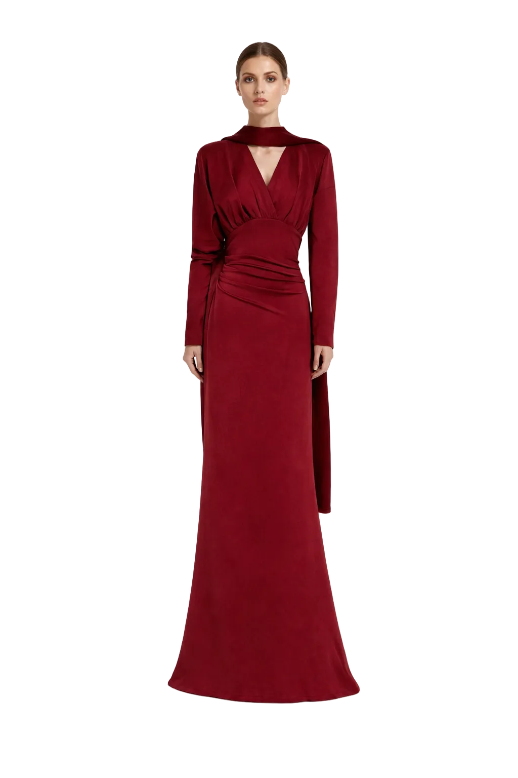 long-sleeve draped waist maxi dress with scarf neckline – RUBYYN