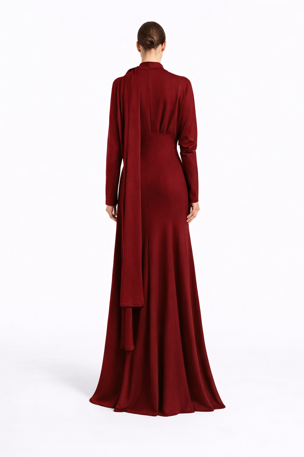 long-sleeve draped waist maxi dress with scarf neckline – RUBYYN