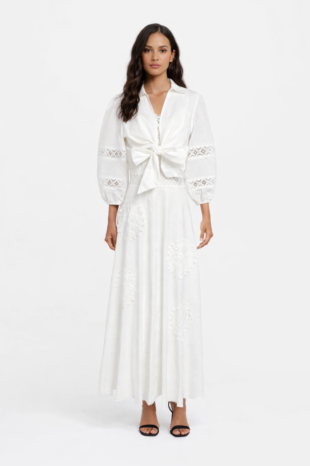 lace panel midi dress with front bow tie – LUMINA