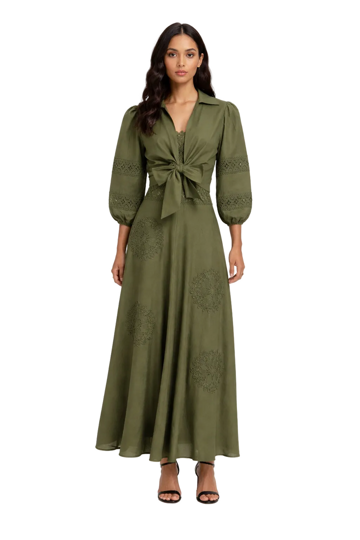 lace panel midi dress with front bow tie – LUMINA