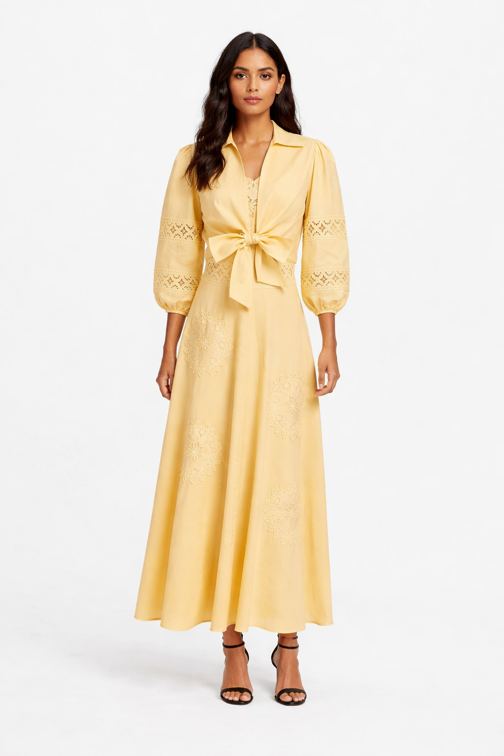 lace panel midi dress with front bow tie – LUMINA