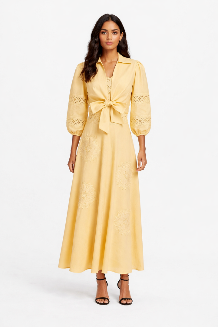 lace panel midi dress with front bow tie – LUMINA