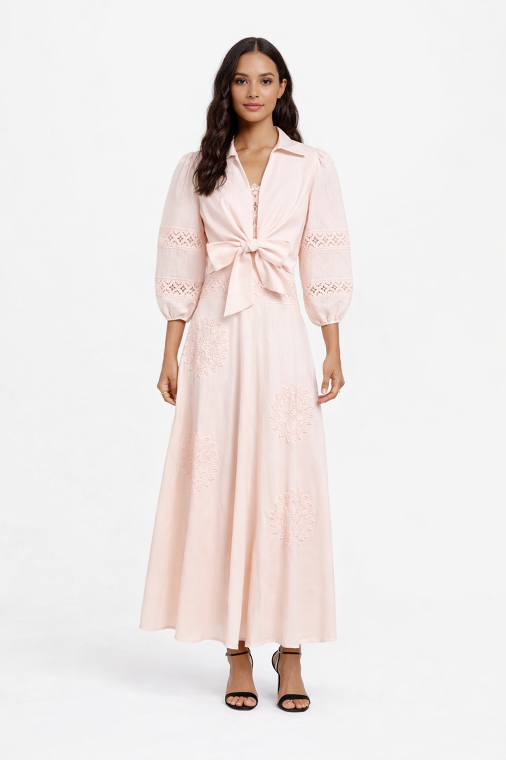 lace panel midi dress with front bow tie – LUMINA