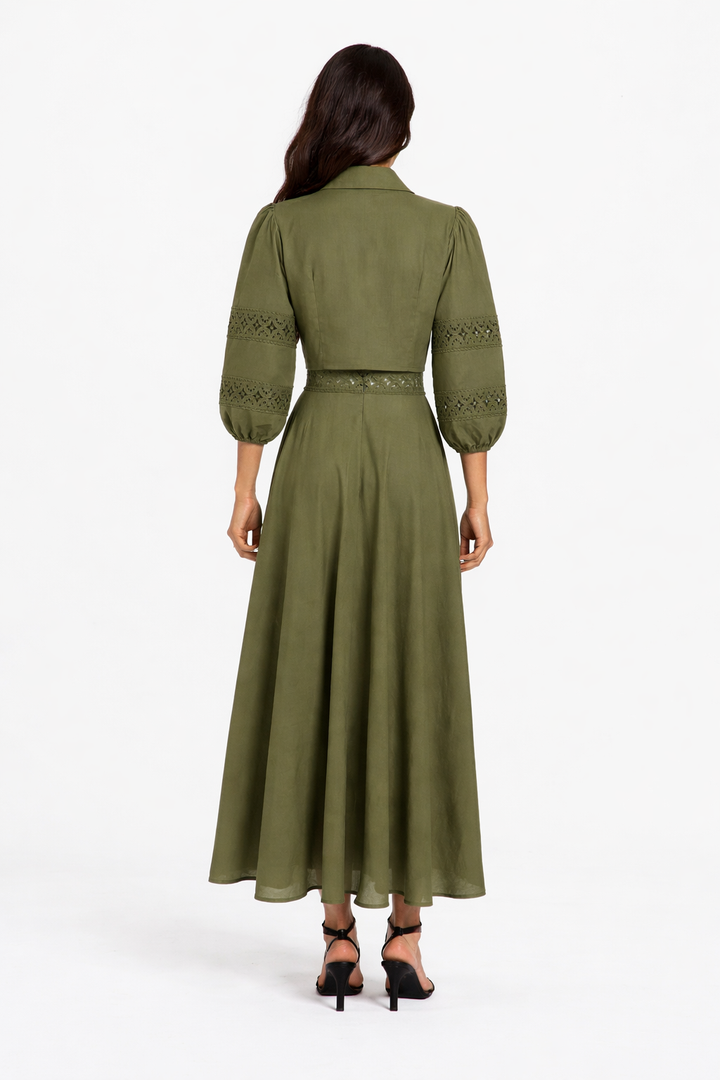 lace panel midi dress with front bow tie – LUMINA