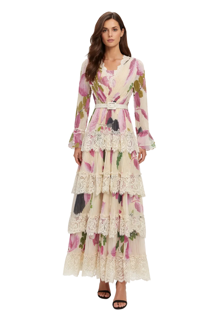 long sleeve floral lace tiered maxi dress with belt – BLOSSOM