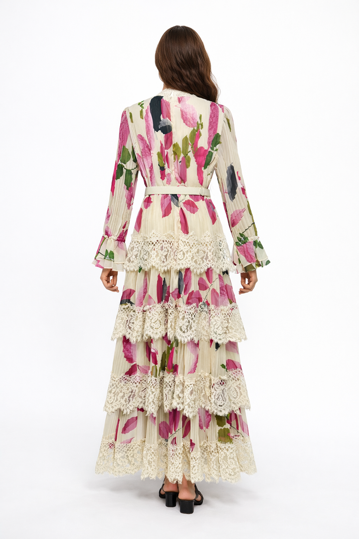 long sleeve floral lace tiered maxi dress with belt – BLOSSOM