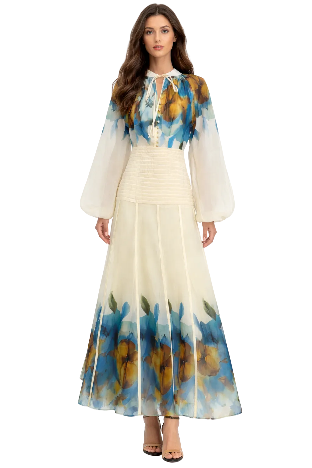 floral chiffon maxi dress with pleated waist panel – AURORA