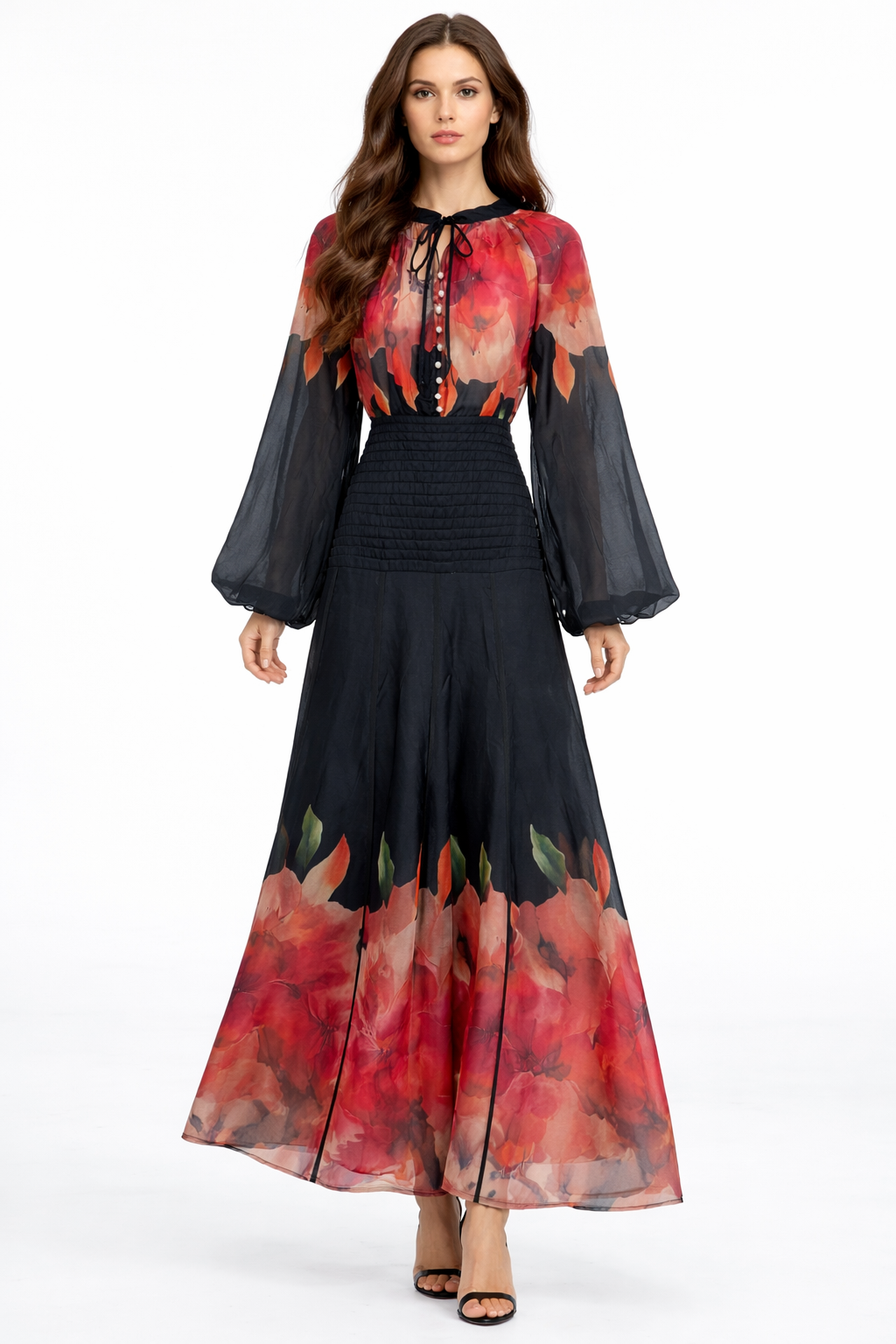 floral chiffon maxi dress with pleated waist panel – AURORA