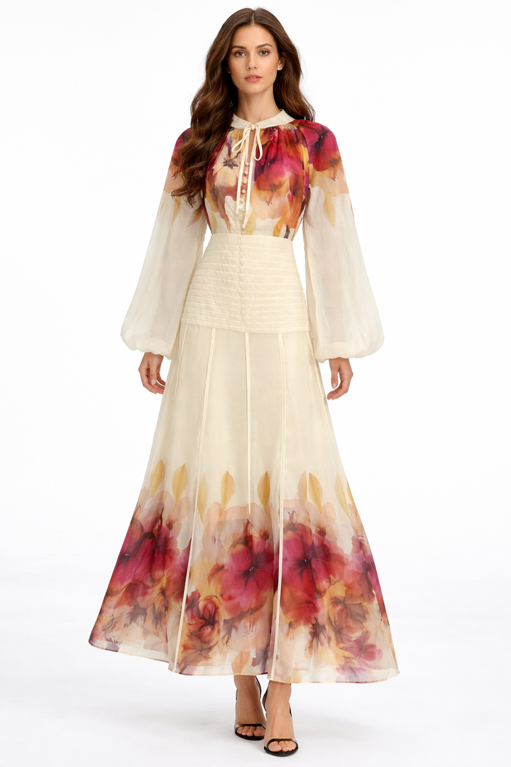 floral chiffon maxi dress with pleated waist panel – AURORA