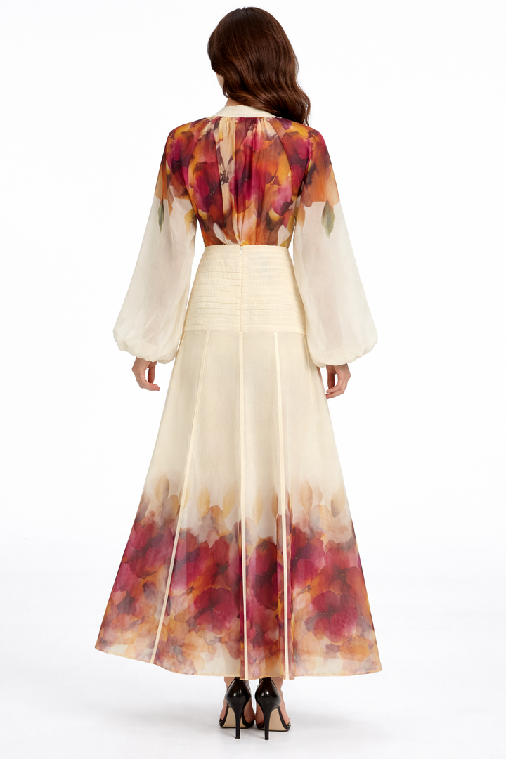 floral chiffon maxi dress with pleated waist panel – AURORA