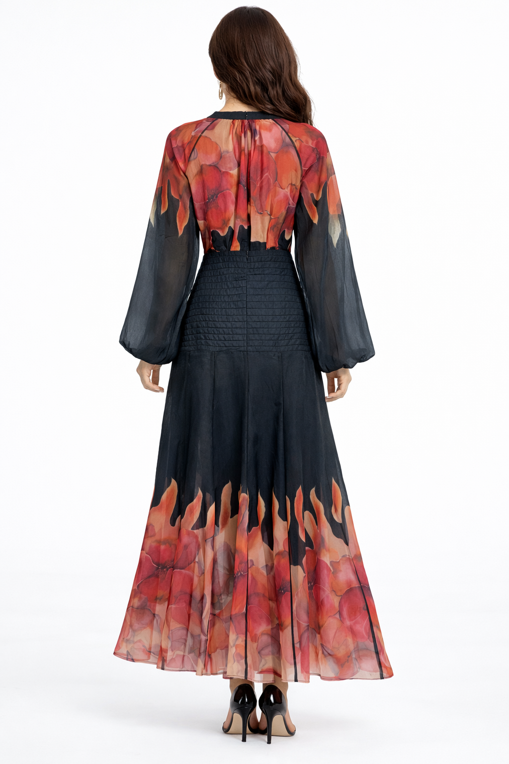 floral chiffon maxi dress with pleated waist panel – AURORA