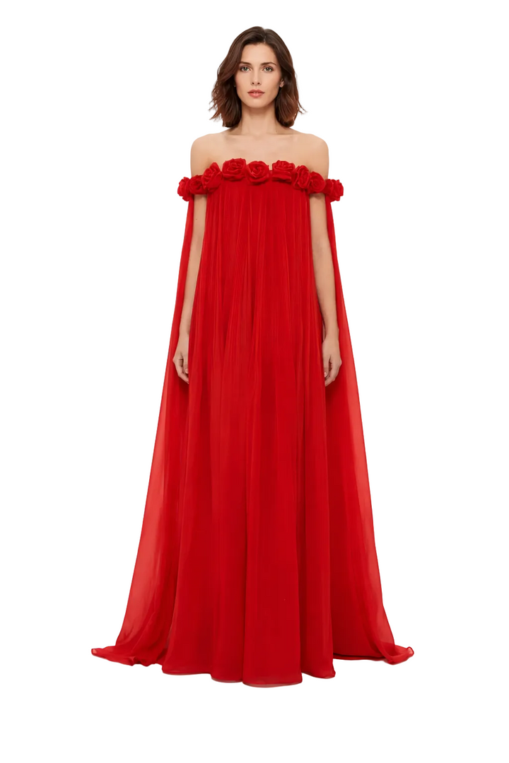 off-shoulder pleated cape gown with 3D rose neckline – ROSARIA