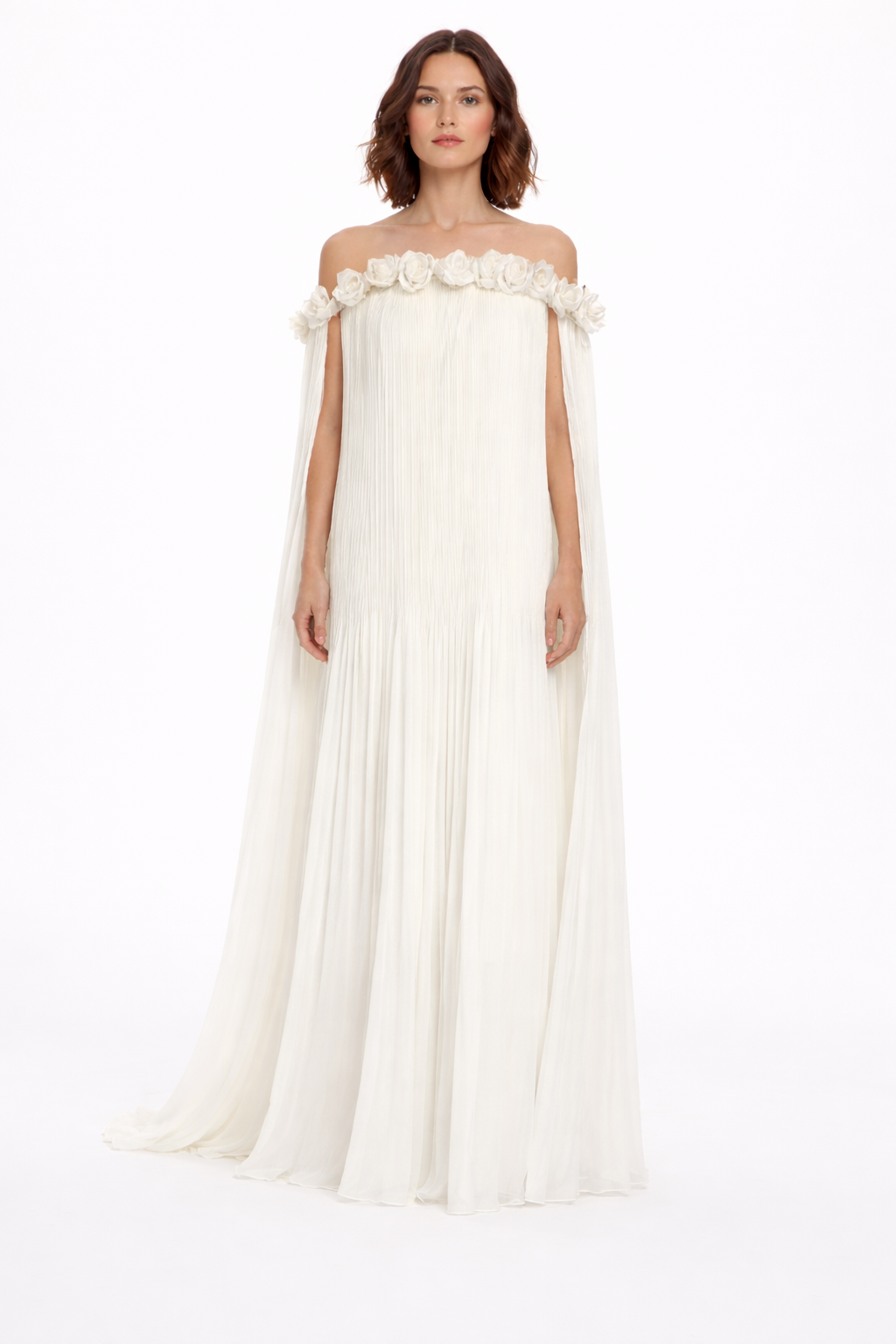 off-shoulder pleated cape gown with 3D rose neckline – ROSARIA