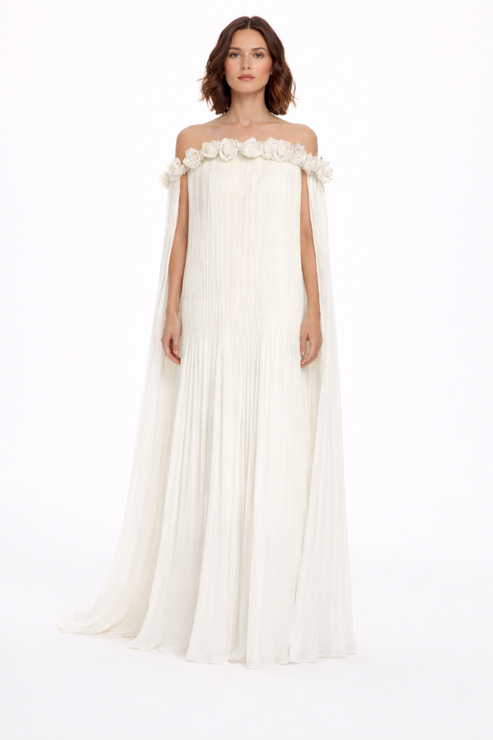off-shoulder pleated cape gown with 3D rose neckline – ROSARIA