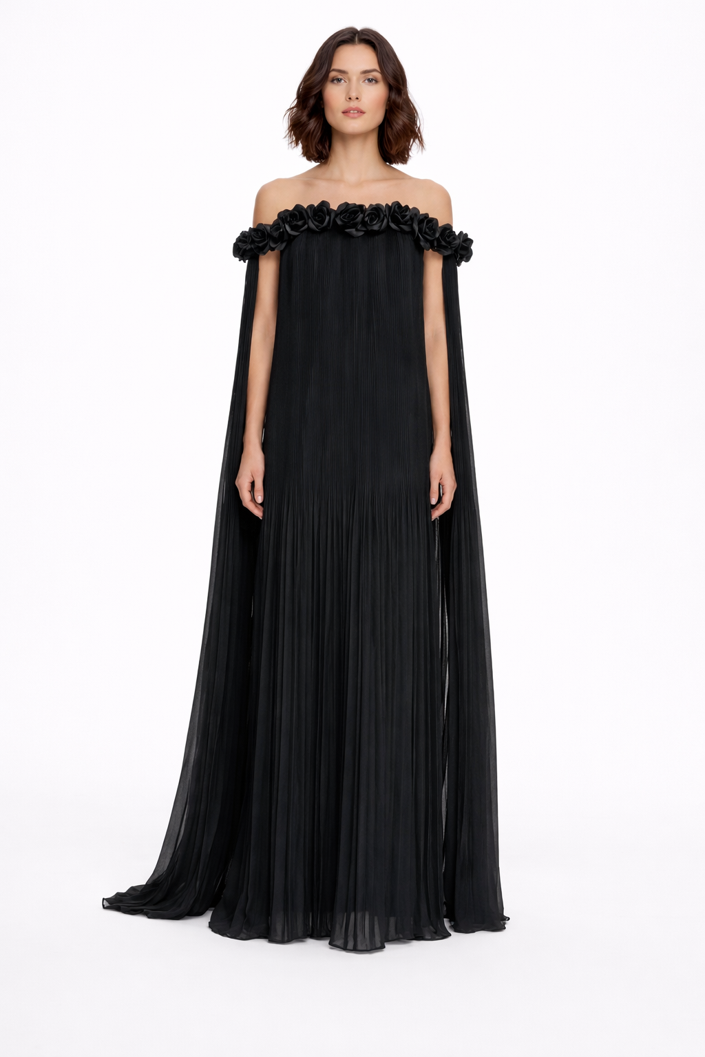 off-shoulder pleated cape gown with 3D rose neckline – ROSARIA