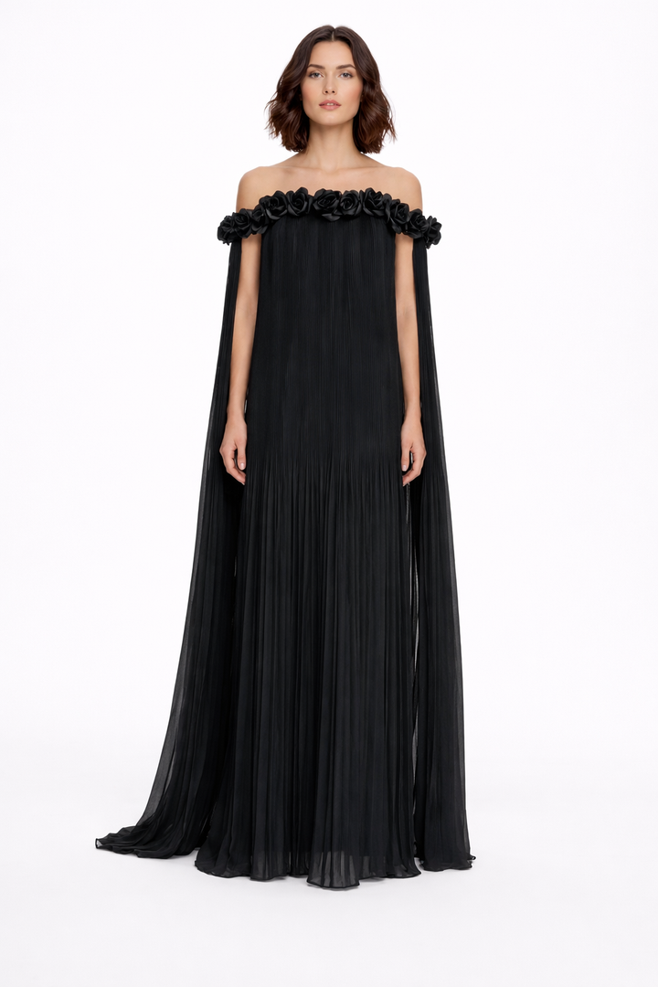 off-shoulder pleated cape gown with 3D rose neckline – ROSARIA
