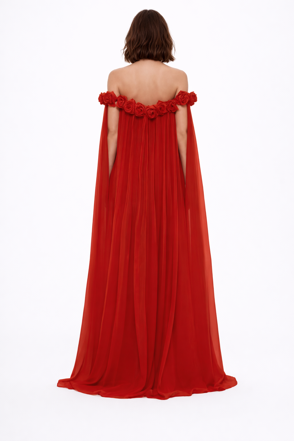 off-shoulder pleated cape gown with 3D rose neckline – ROSARIA