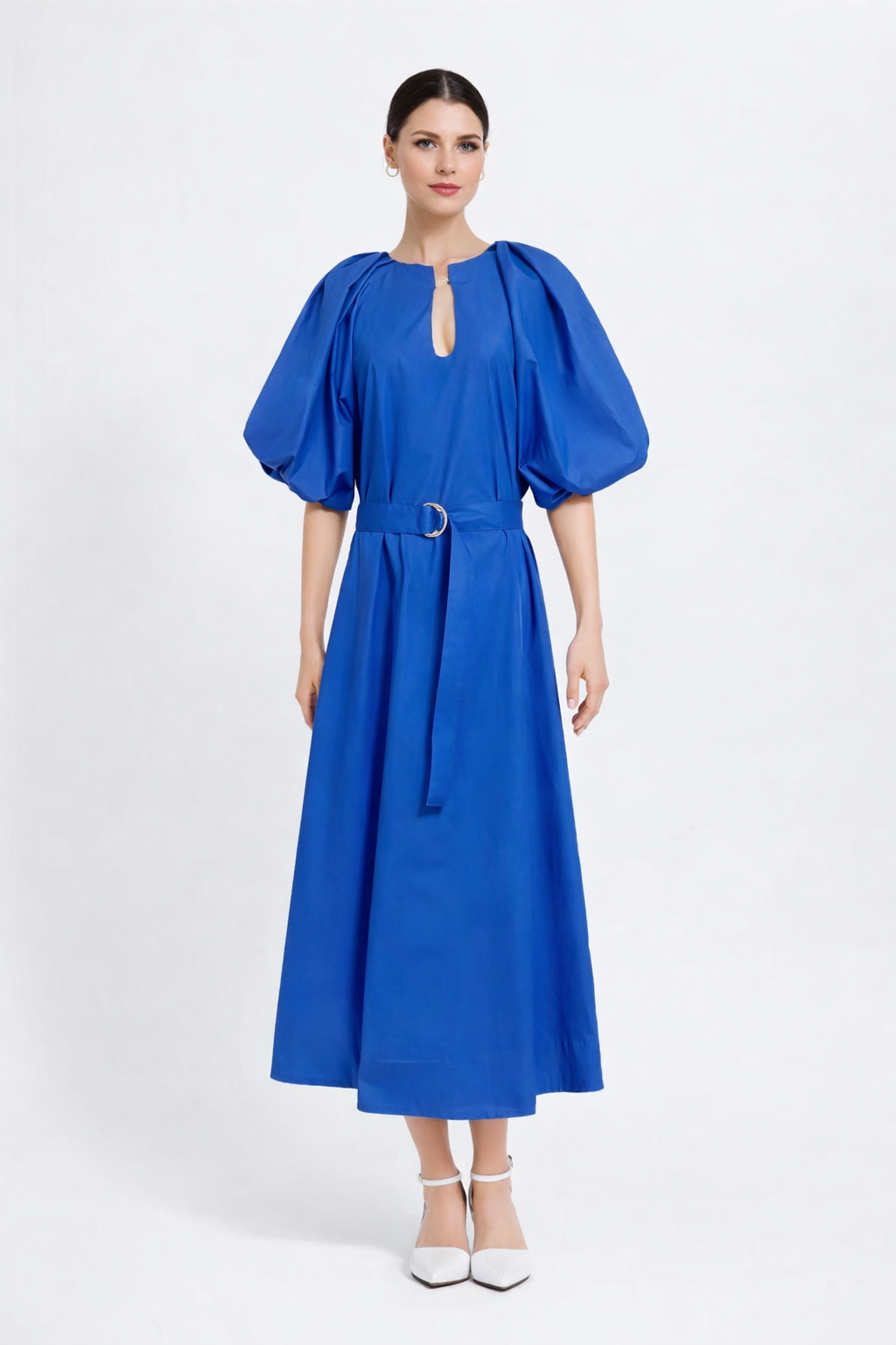 puff sleeve belted midi dress with keyhole neckline – LIMEA