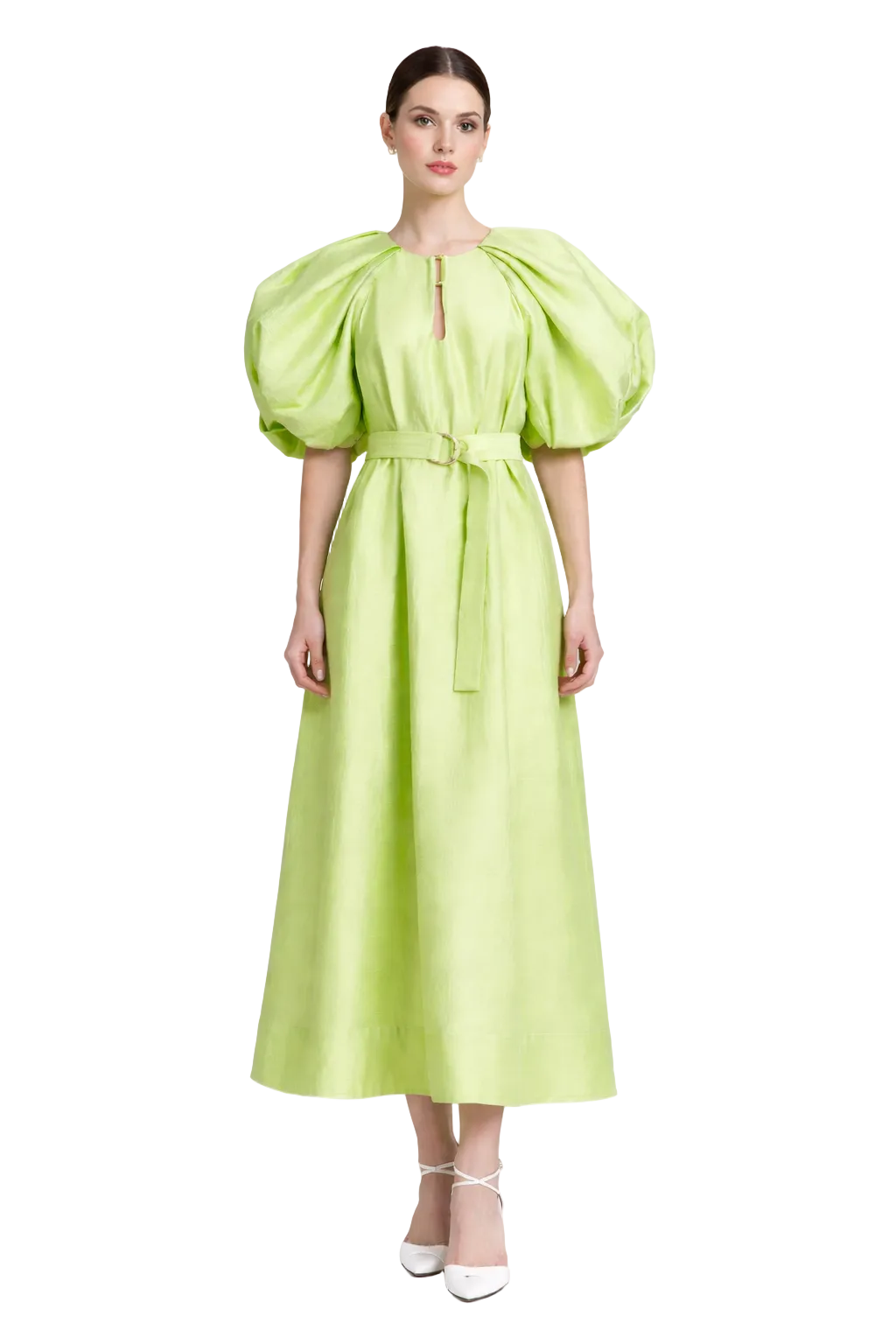 puff sleeve belted midi dress with keyhole neckline – LIMEA