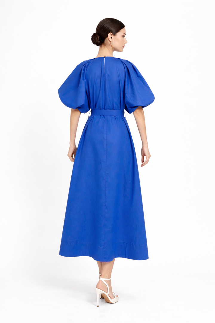 puff sleeve belted midi dress with keyhole neckline – LIMEA
