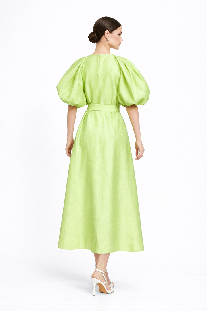 puff sleeve belted midi dress with keyhole neckline – LIMEA