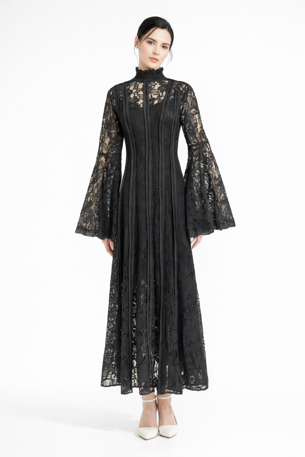 high-neck lace maxi dress with flared sleeves – ÉLÉGANCE