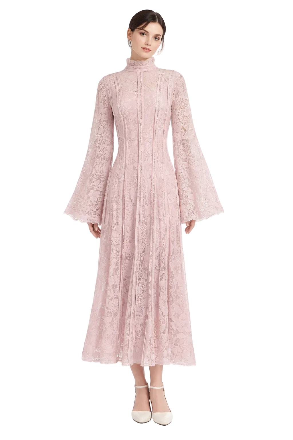 high-neck lace maxi dress with flared sleeves – ÉLÉGANCE