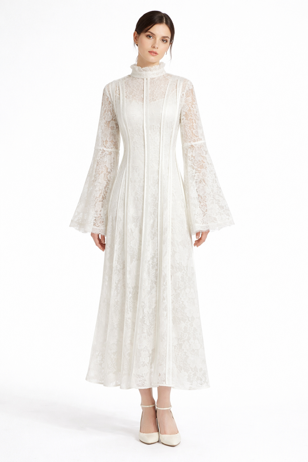 high-neck lace maxi dress with flared sleeves – ÉLÉGANCE
