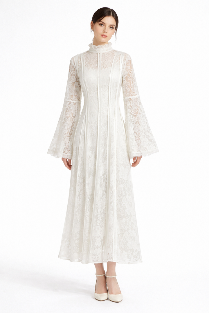 high-neck lace maxi dress with flared sleeves – ÉLÉGANCE