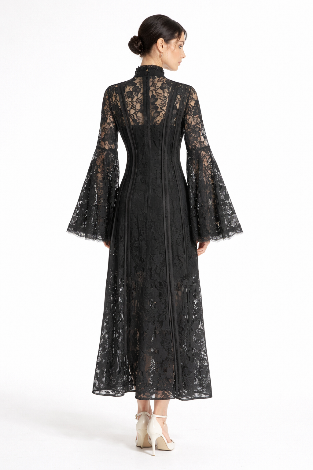 high-neck lace maxi dress with flared sleeves – ÉLÉGANCE