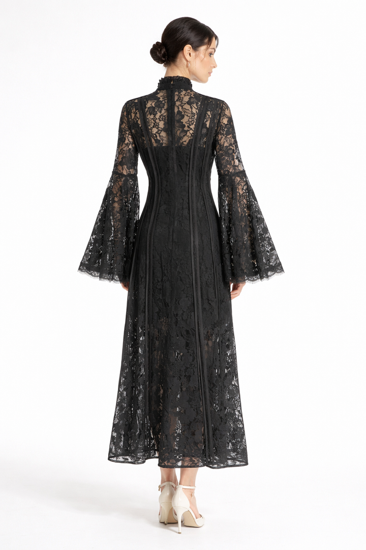 high-neck lace maxi dress with flared sleeves – ÉLÉGANCE