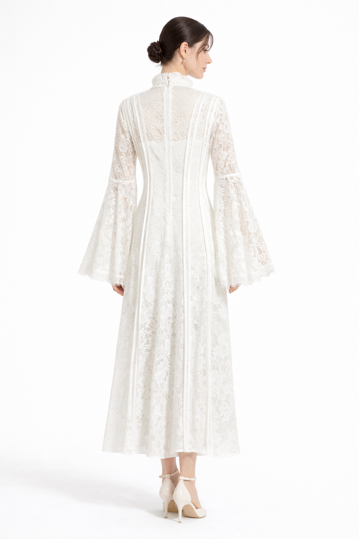 high-neck lace maxi dress with flared sleeves – ÉLÉGANCE