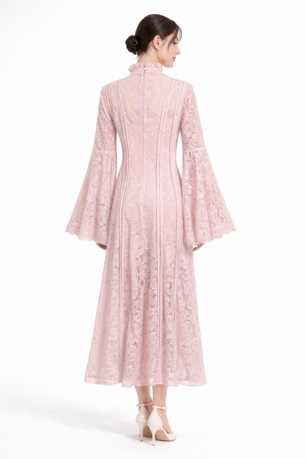 high-neck lace maxi dress with flared sleeves – ÉLÉGANCE