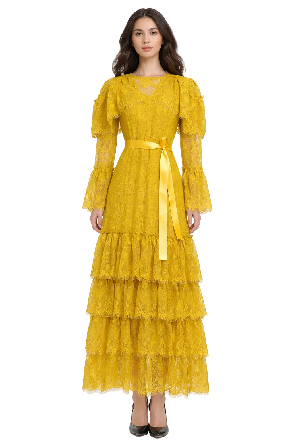 long tiered lace dress with satin waist ribbon – HAUTHAM