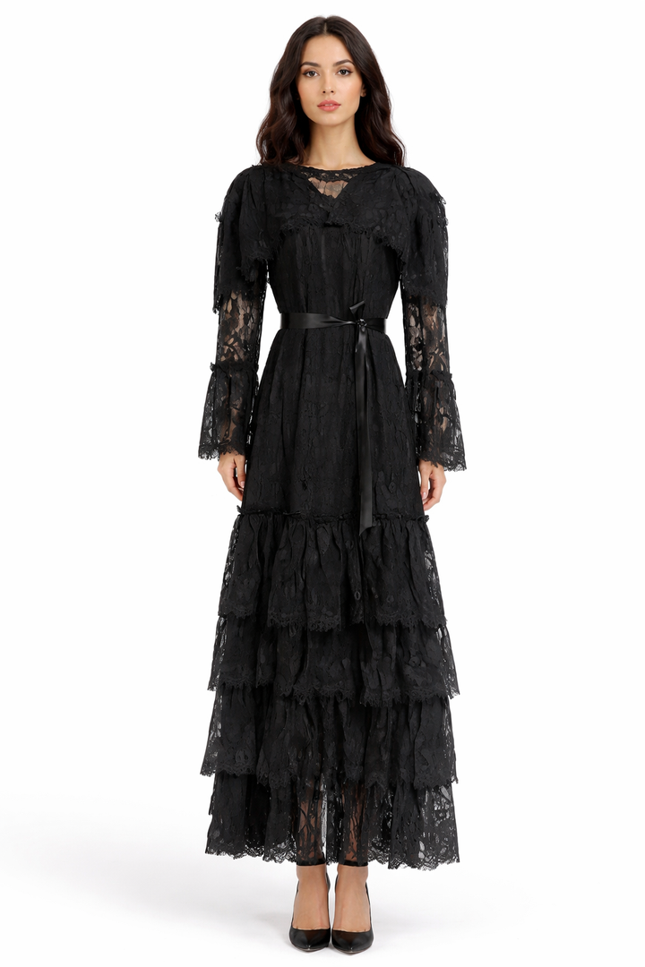 long tiered lace dress with satin waist ribbon – HAUTHAM