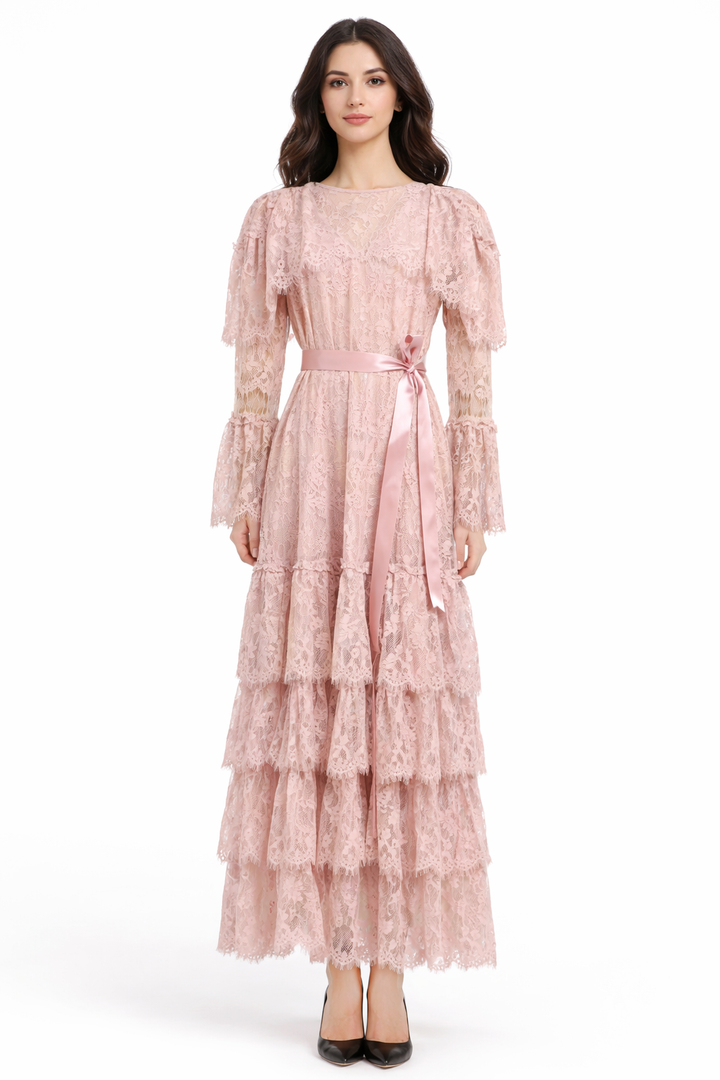 long tiered lace dress with satin waist ribbon – HAUTHAM