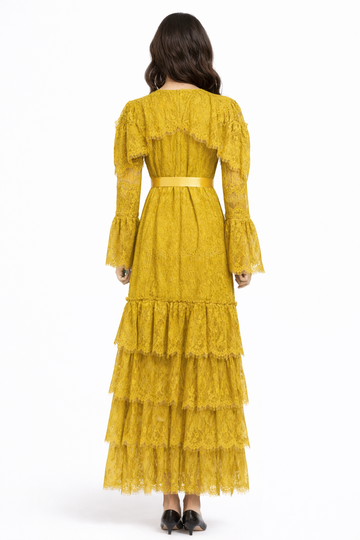 long tiered lace dress with satin waist ribbon – HAUTHAM