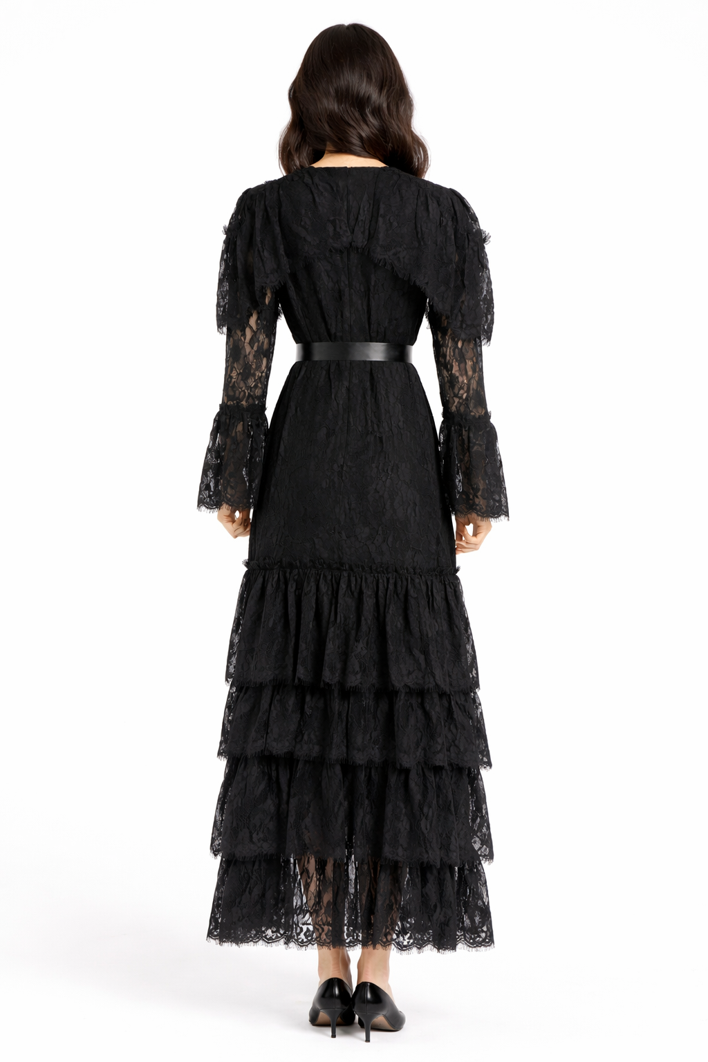 long tiered lace dress with satin waist ribbon – HAUTHAM