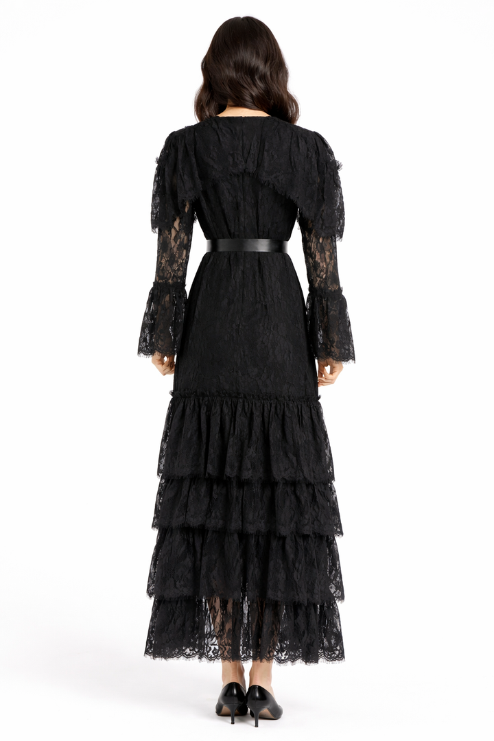 long tiered lace dress with satin waist ribbon – HAUTHAM