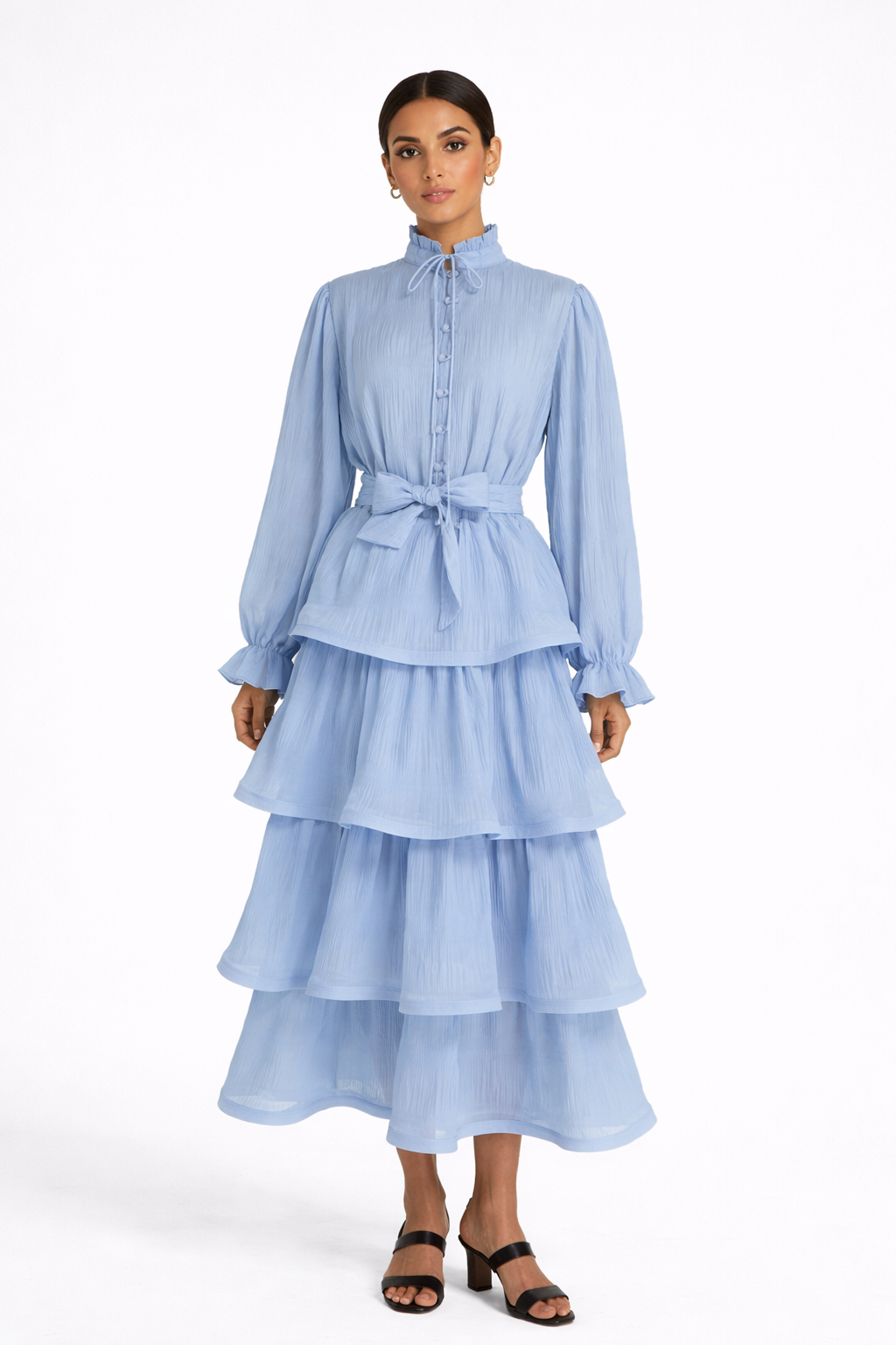 long sleeve tiered chiffon dress with waist tie – MIST