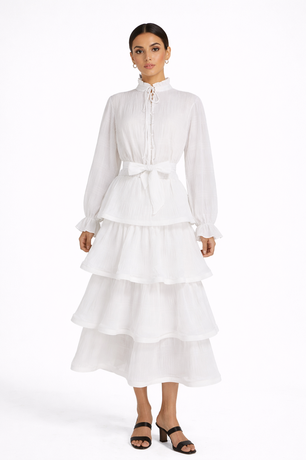 long sleeve tiered chiffon dress with waist tie – MIST