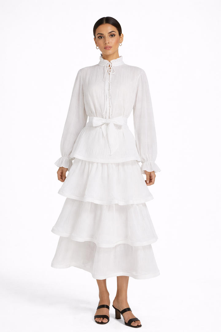 long sleeve tiered chiffon dress with waist tie – MIST