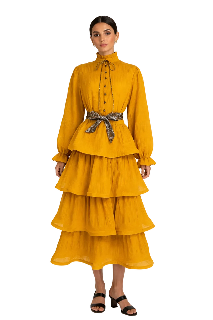 long sleeve tiered chiffon dress with waist tie – MIST