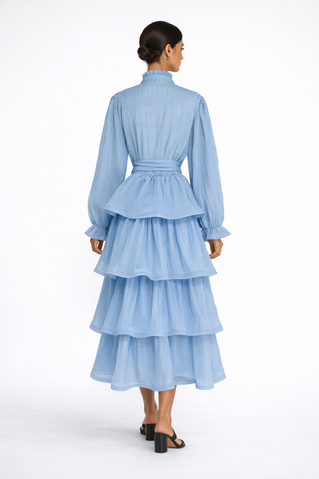 long sleeve tiered chiffon dress with waist tie – MIST