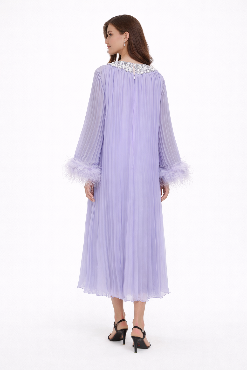 pleated chiffon midi dress with embellished neckline and feather cuffs – SKYLA