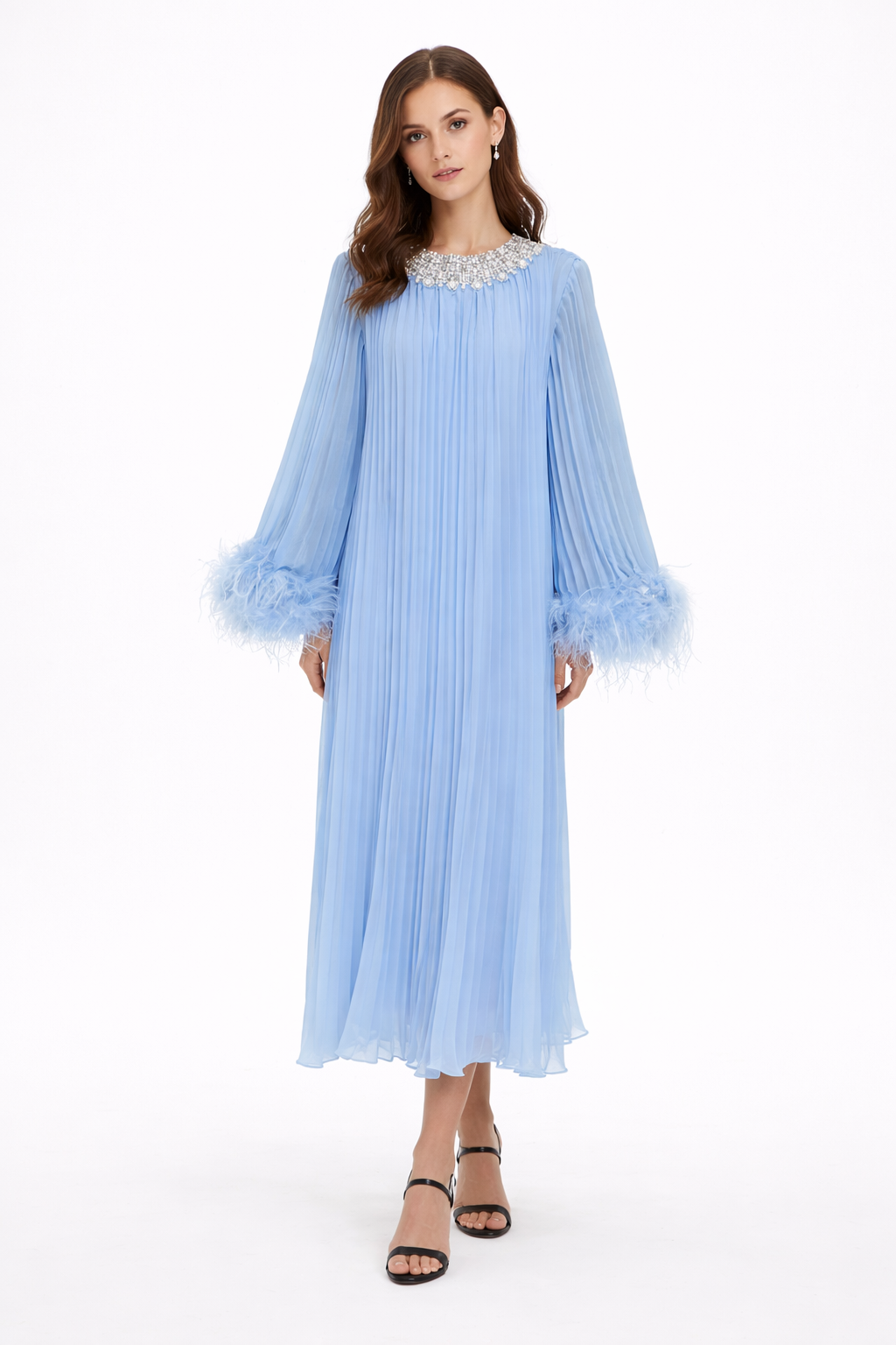 pleated chiffon midi dress with embellished neckline and feather cuffs – SKYLA