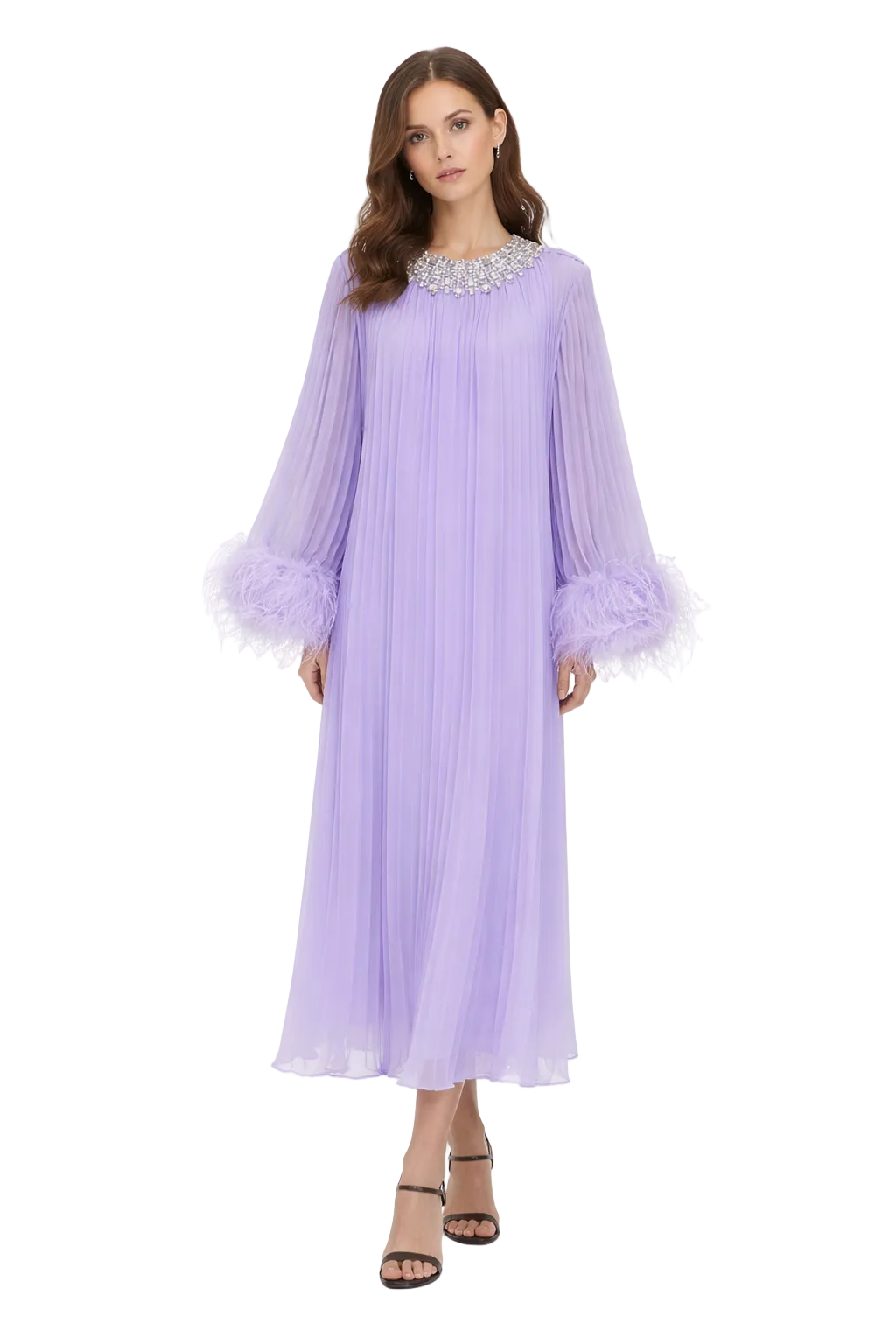 pleated chiffon midi dress with embellished neckline and feather cuffs – SKYLA