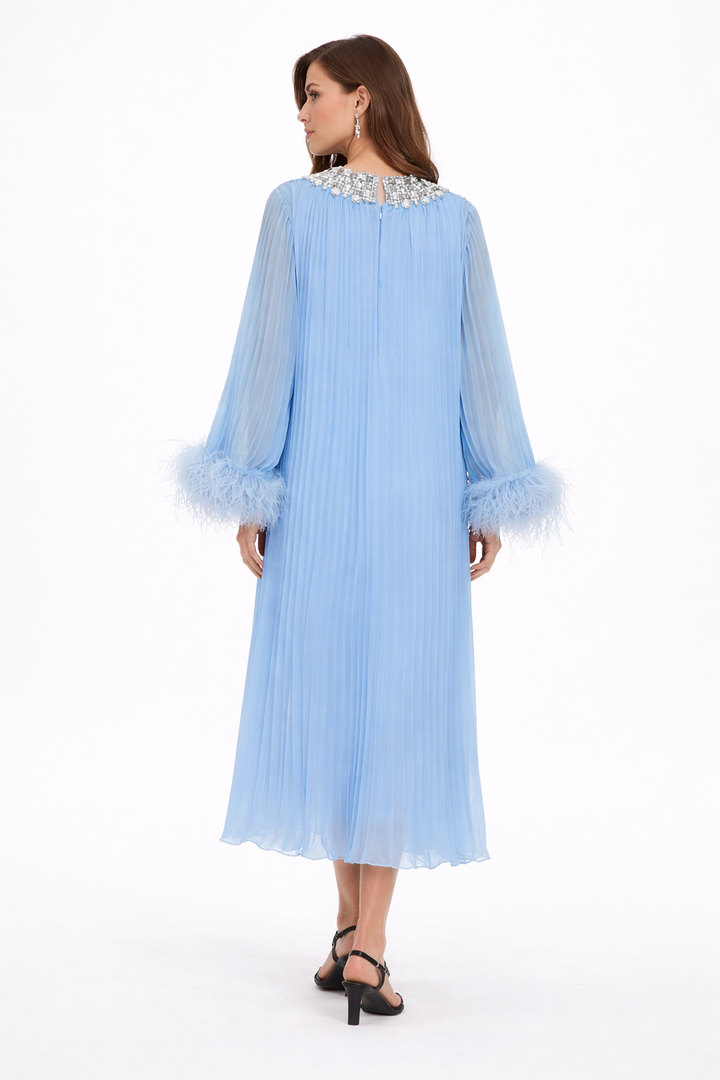 pleated chiffon midi dress with embellished neckline and feather cuffs – SKYLA