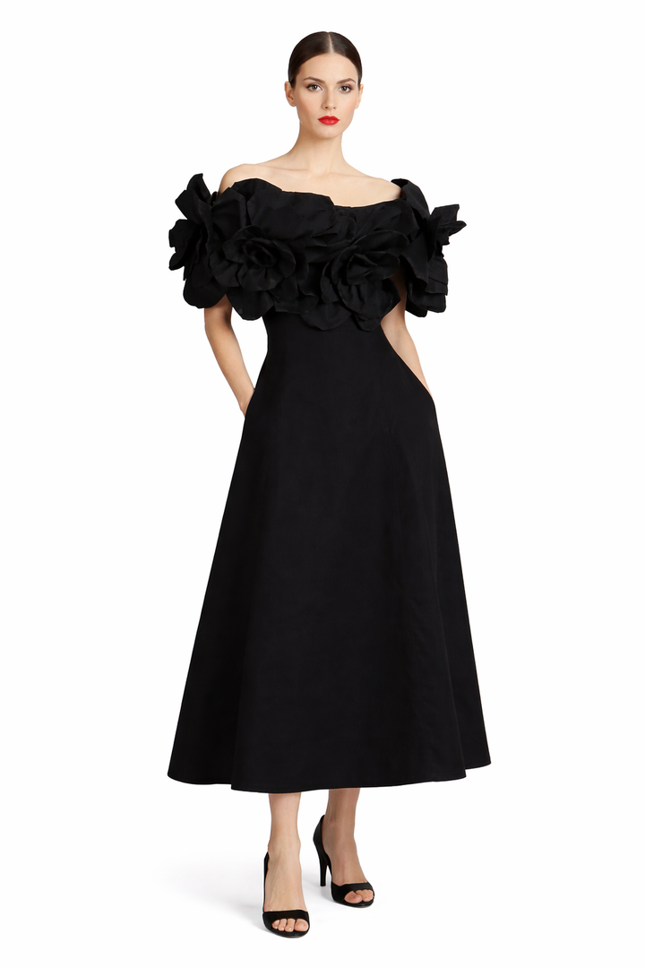 off-shoulder midi dress with oversized floral appliqué – BLOOM